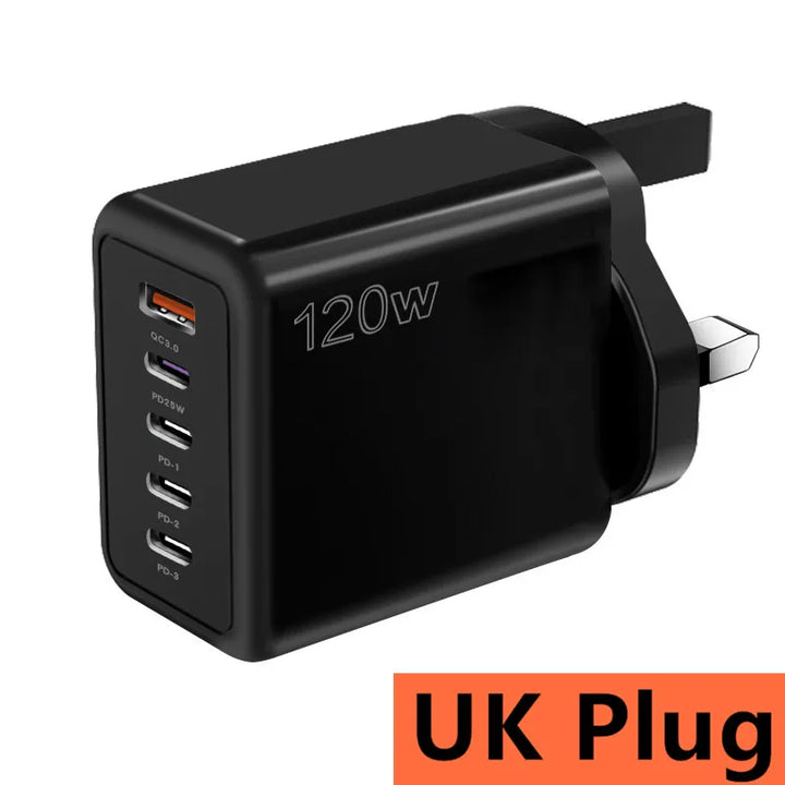 Foto10 Cargador USB-C 120W 5 puertos port UK Plug Enchufe Black Negro