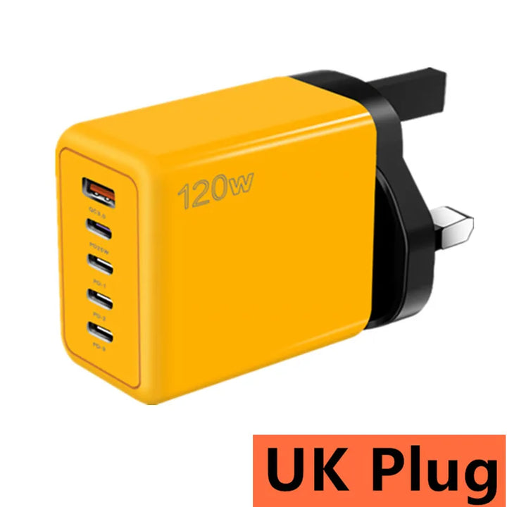 Foto11 Cargador USB-C 120W 5 puertos port UK Plug Enchufe Yellow Amarillo