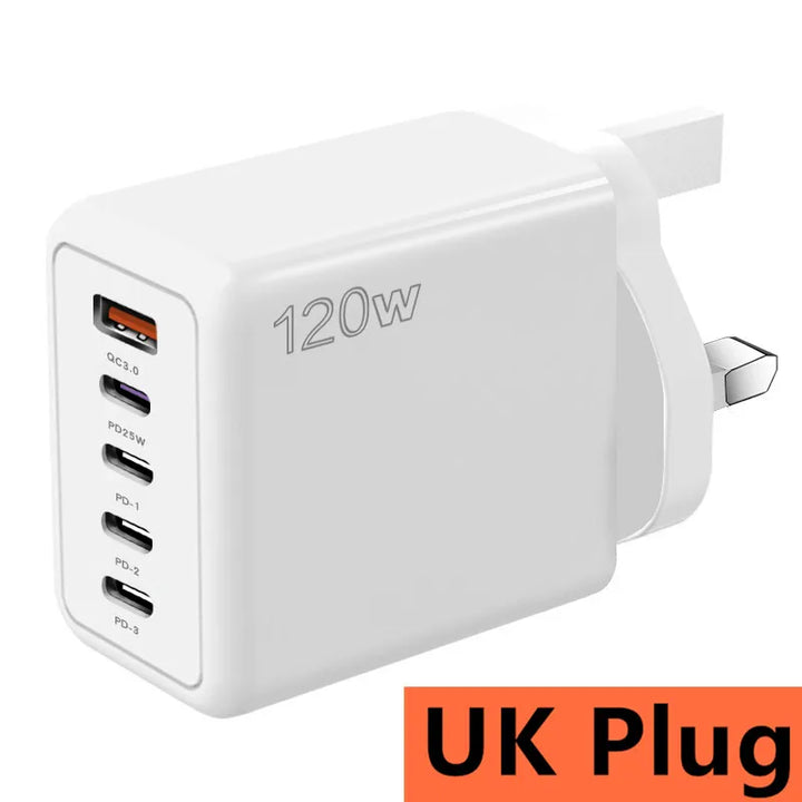 Foto12 Cargador USB-C 120W 5 puertos port UK Plug Enchufe Blanco White