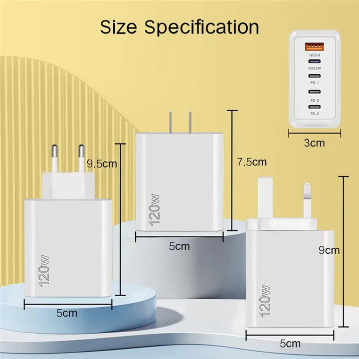 Foto3 Cargador USB-C 120W Carga rápida charger faster port 5 puertos dimensiones dimensions