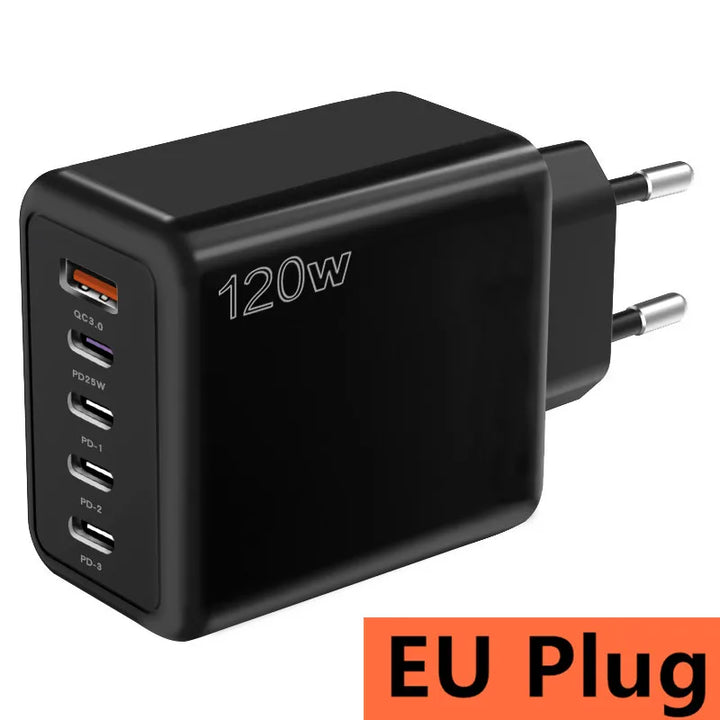 Foto4 Cargador USB-C 120W Carga rápida charger faster port 5 puertos EU Plug Enchufe Negro Black