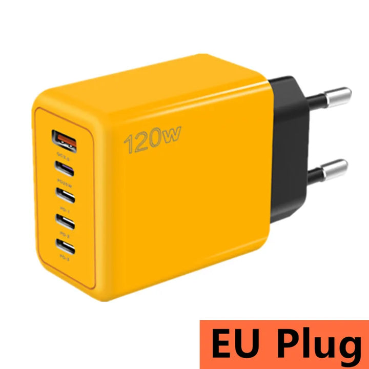 Foto5 Cargador USB-C 120W Carga rápida charger faster port 5 puertos EU Plug Enchufe Yellow Amarillo