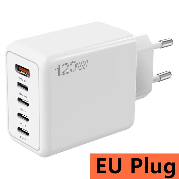 Foto6 Cargador USB-C 120W 5 puertos port EU Plug Enchufe Blanco White