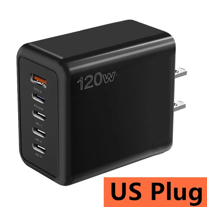 Foto7 Cargador USB-C 120W 5 puertos port US Plug Enchufe Black Negro