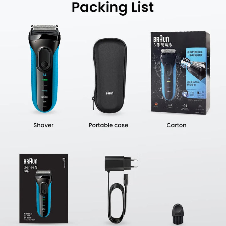 Foto8 Afeitadora Electrica 3010S Braun Lavable Resistente al agua Full Body waterproof 5 min charge carga para un uso 45 min de uso continuo con carga llena alta calidad afeitado al raz contenido cargador charger limpiador brush manual de instrucciones instruction estuche portable case afeitadora shaver caja carton
