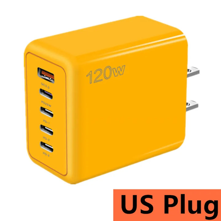 Foto8 Cargador USB-C 120W 5 puertos port US Plug Enchufe Yellow Amarillo