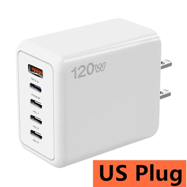 Foto9 Cargador USB-C 120W 5 puertos port US Plug Enchufe White Blanco